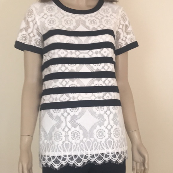 Karl Lagerfeld Size S Top, White Lace Navy Stripe - Picture 4 of 7